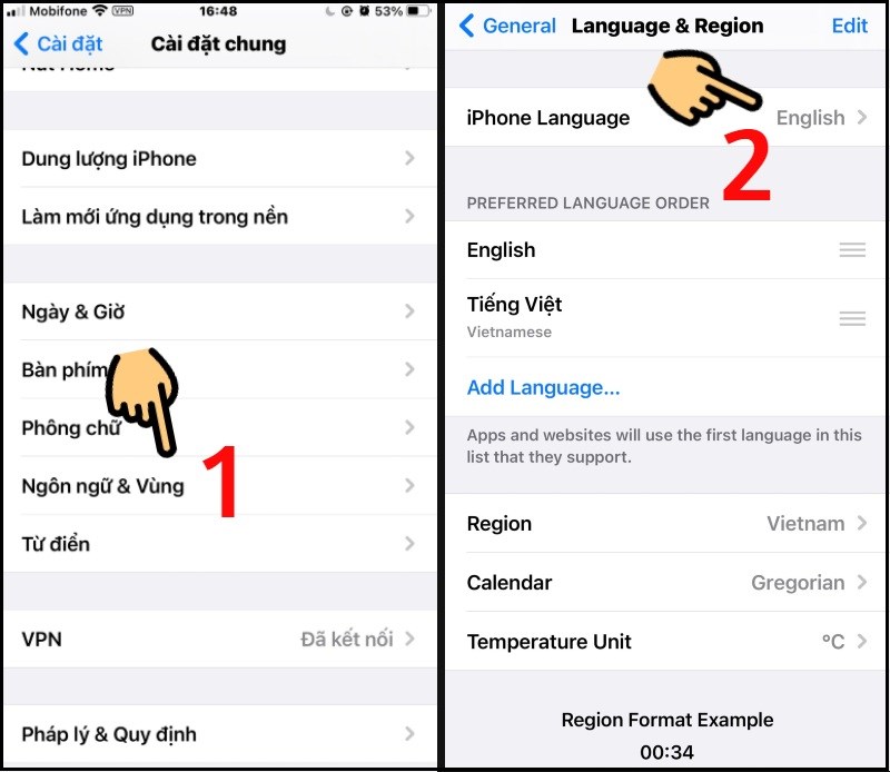 Điều chỉnh ngôn ngữ iPhone sang English