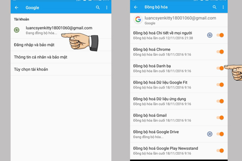 Dữ liệu trên Gmail dược đồng bộ vào Android 